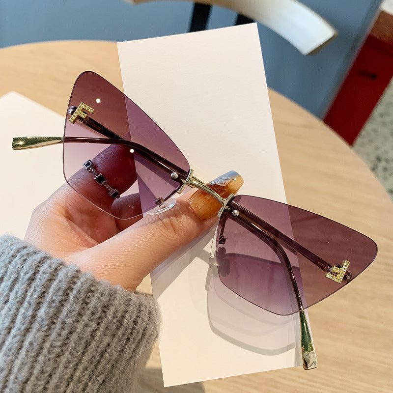 New Cat-eye Sunglasses Letter F Diamond Sunglasses for Women High-end Frameless Metal Sunglasses